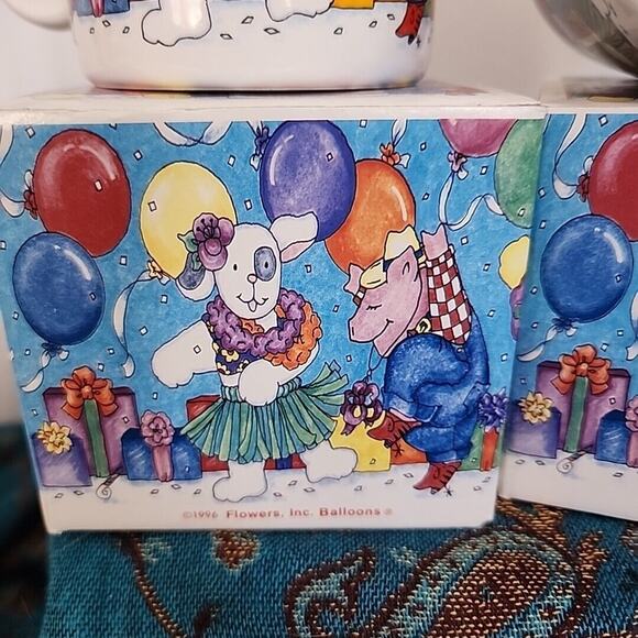 Set Of 2 Vtg 1996 Flowers Inc Mugs Party Animals Pig Bunny Cat Balloons With... - Picture 4 of 7